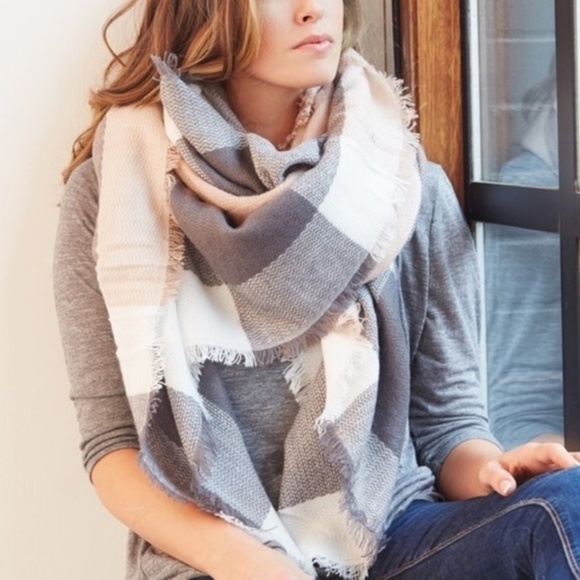 Oversized Blanket Grey, Pink, Tan and Black Scarf - Picture 7 of 8